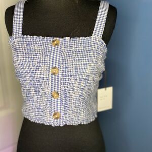 Joie Blue Gingham Smocked Button Crop Top